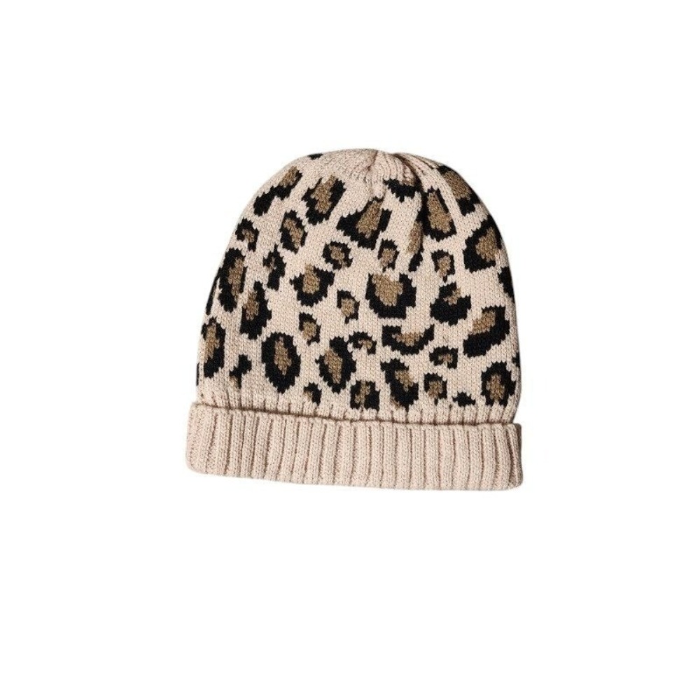 Leopard Print Knit Beanie‎ Womens One Size Beige Black Fold Cuff